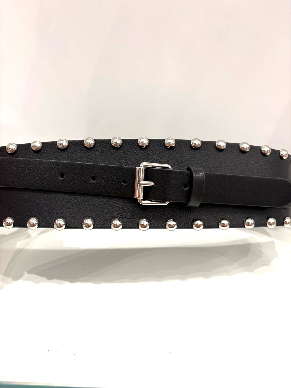 $168 AllSaints Alcor Wide Studded Leather Corset Waist Belt Black Silver S/M - Picture 4 of 7